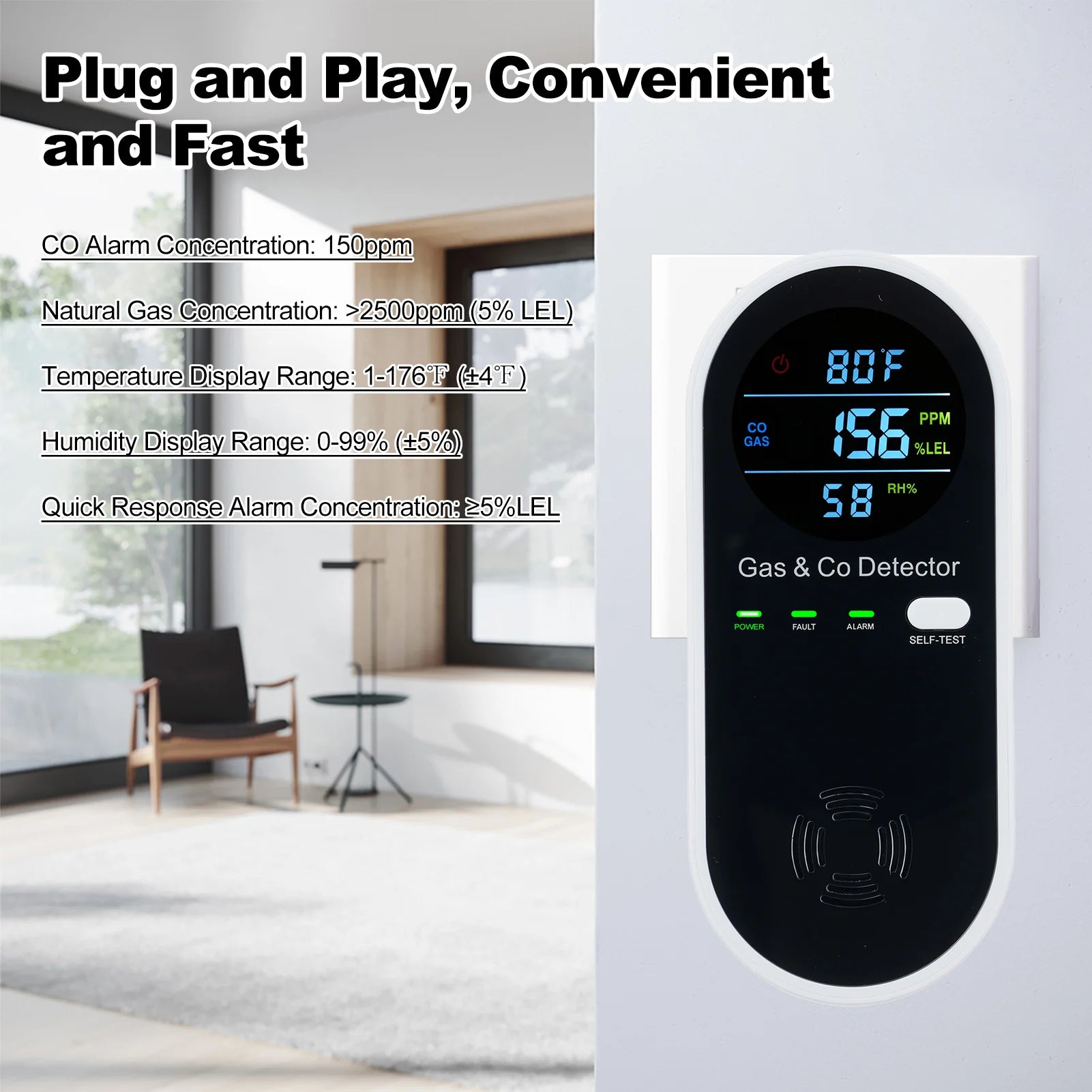 4 in 1 CO Monitor Alarm with LCD Display Carbon Monoxide & Natural Gas Combination Detector Plug in Wall Detectors CO & Natural