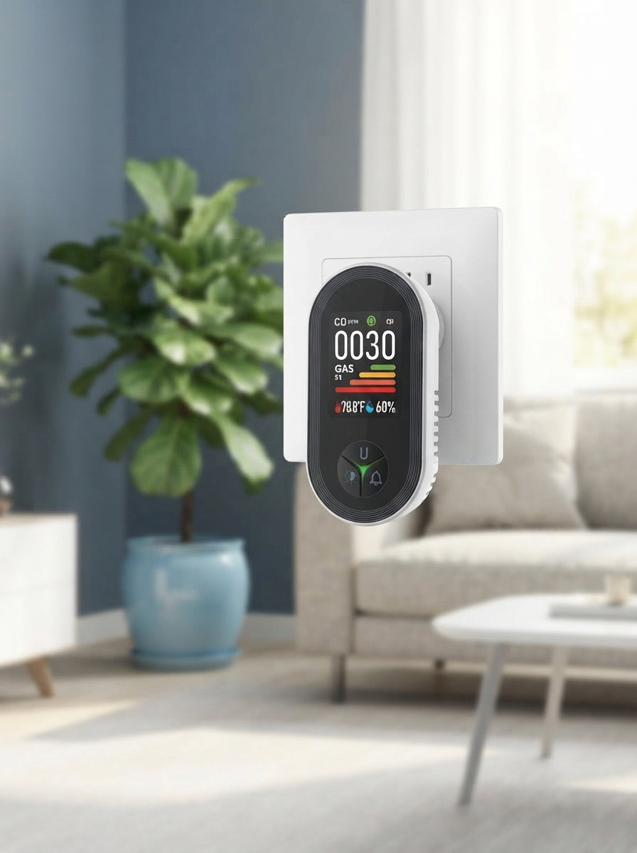 A white 4-in-1 gas leak detector plugged into a wall outlet, displaying air quality data on its color LCD screen.